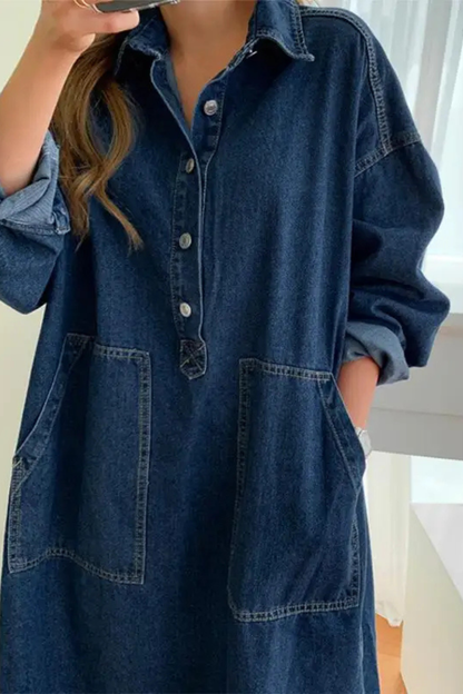 Margot – Vestido Maxi de Denim Oversize con Cuello y Bolsillos