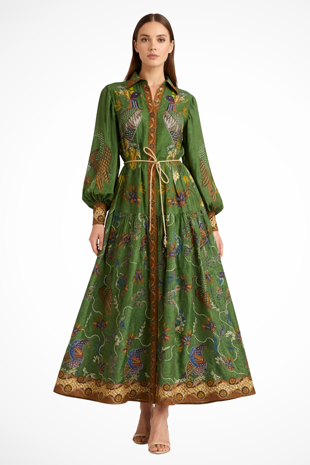 Thea – Vestido Maxi Estampado en Capas con Manga Larga