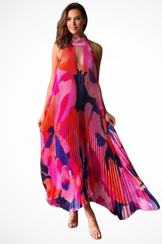 Cordelia – Vestido Maxi Halter Plisado Estampado para Boda