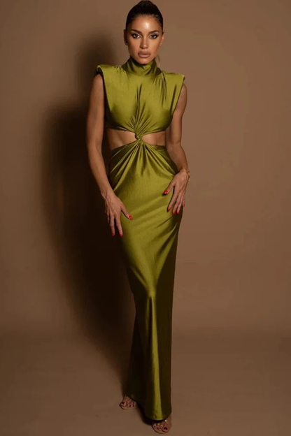 Solenne – Vestido Maxi Bodycon con Cuello Alto y Detalle Retorcido