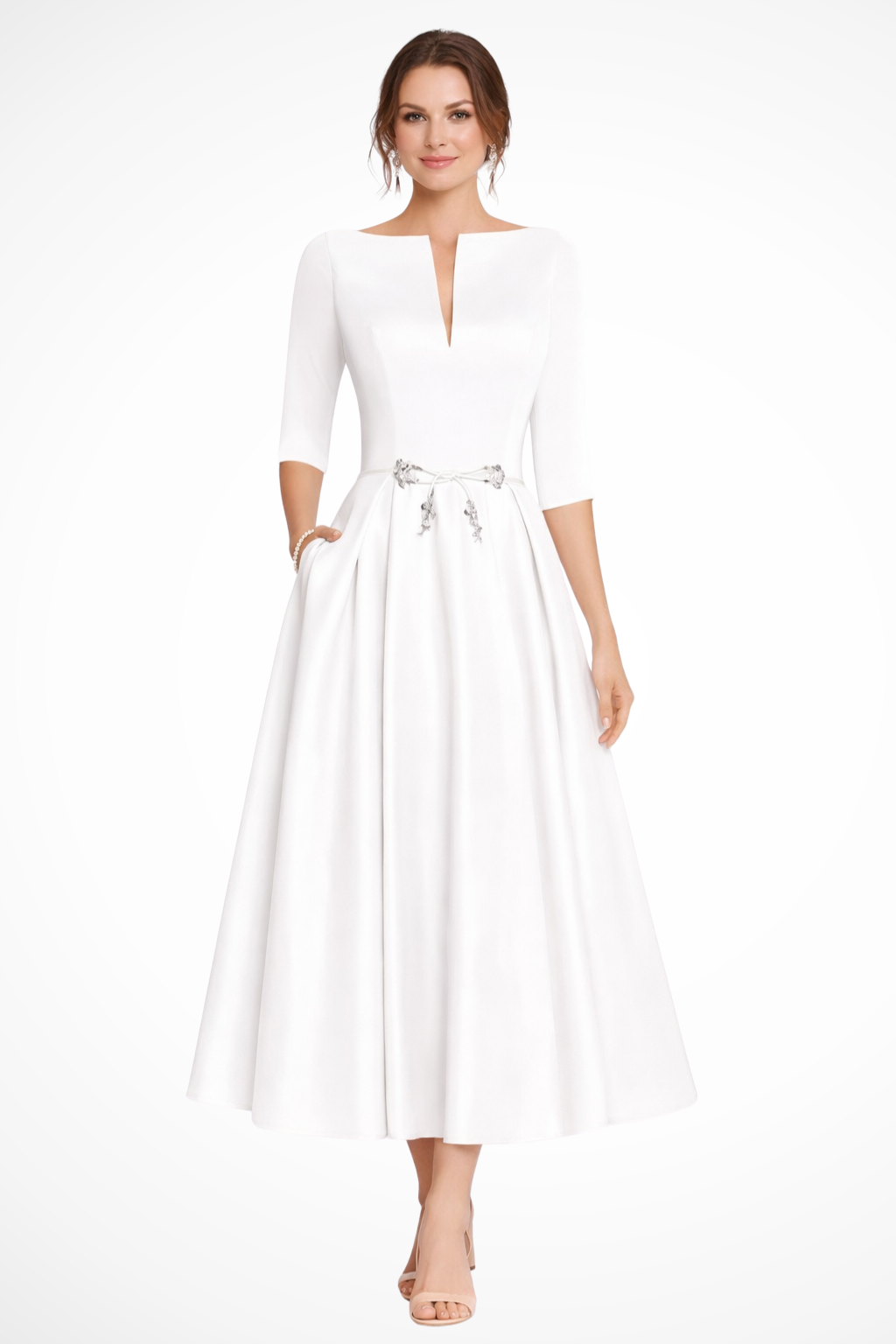 Cordelia – Vestido Midi Plisado Línea A con Cuello Barco para Boda