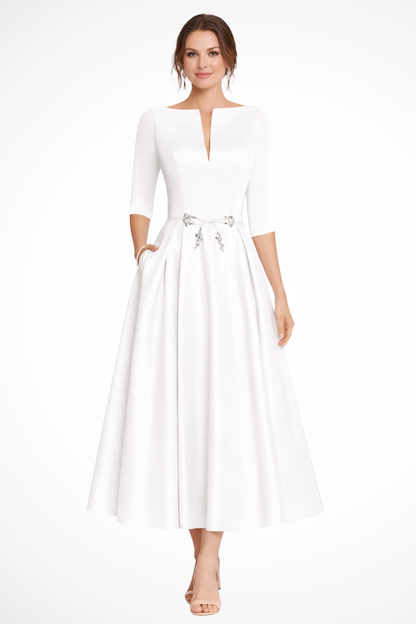 Cordelia – Vestido Midi Plisado Línea A con Cuello Barco para Boda