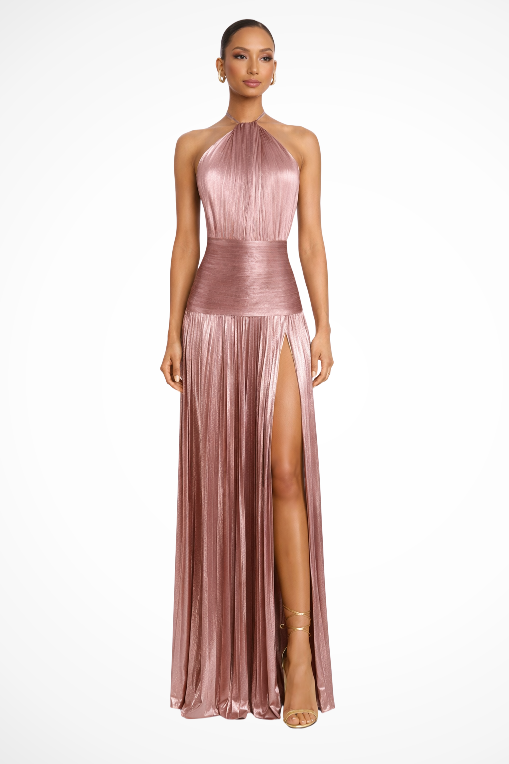 Saffron – Vestido Maxi Halter de Satén Plisado para Boda