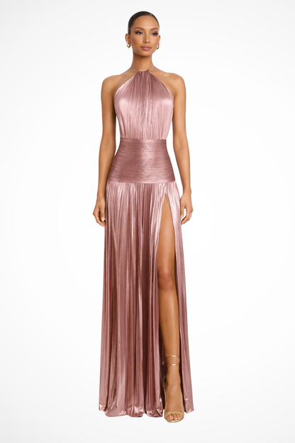 Saffron – Vestido Maxi Halter de Satén Plisado para Boda