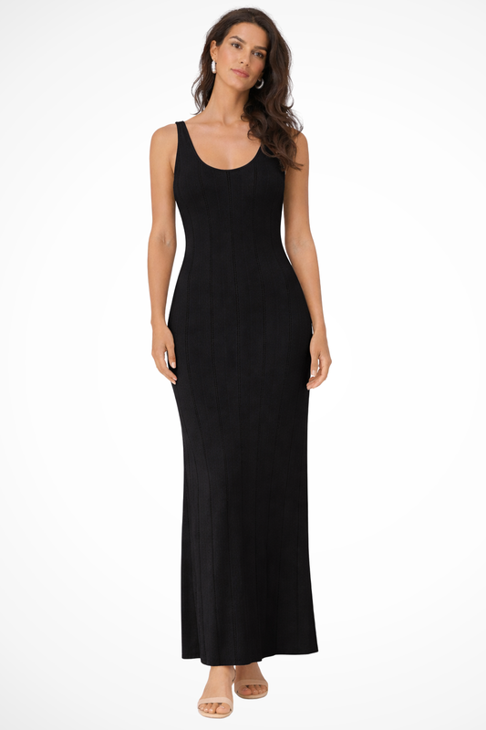 Serena – Vestido Maxi de Punto Negro con Escote en V Profundo
