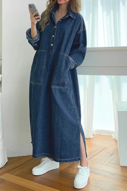 Margot – Vestido Maxi de Denim Oversize con Cuello y Bolsillos