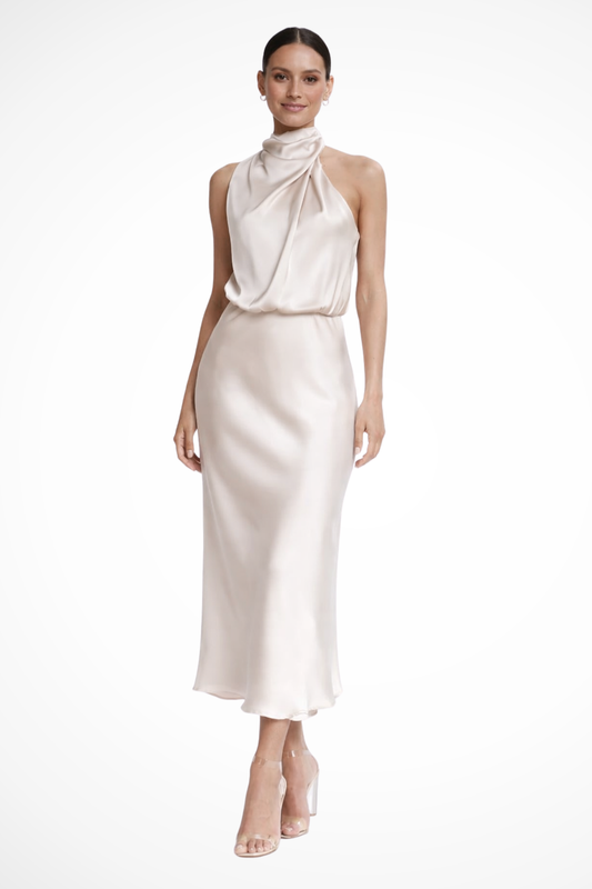 Amelina – Vestido Midi Halter de Satén para Boda