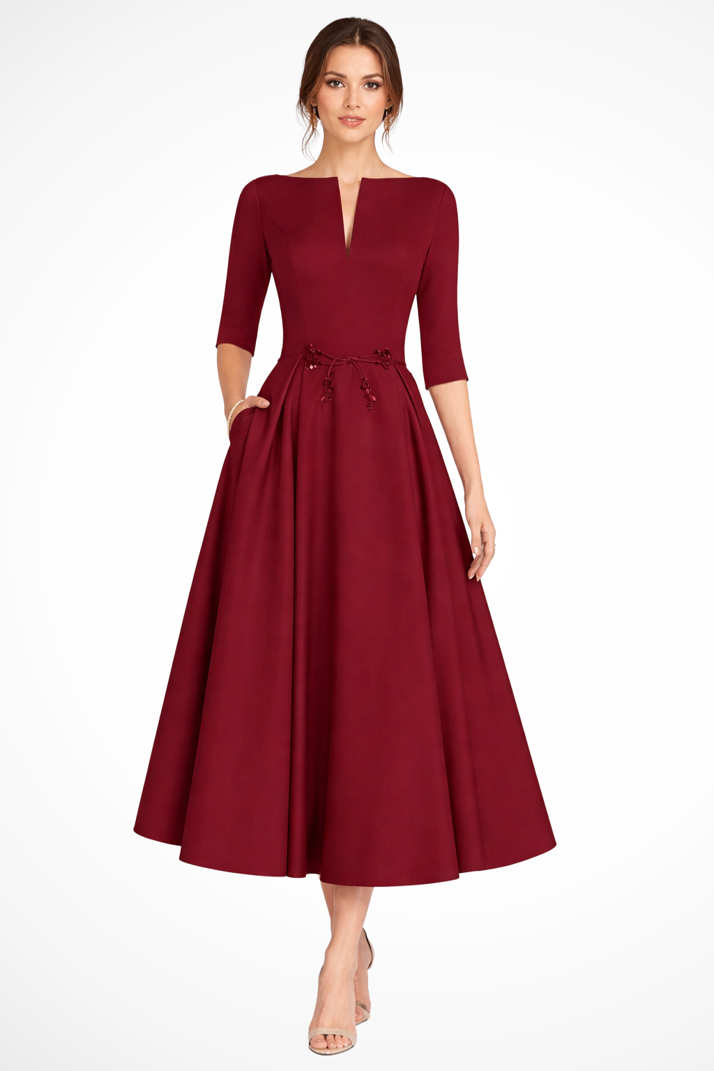 Cordelia – Vestido Midi Plisado Línea A con Cuello Barco para Boda