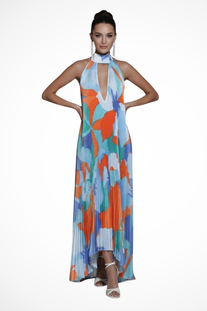 Cordelia – Vestido Maxi Halter Plisado Estampado para Boda