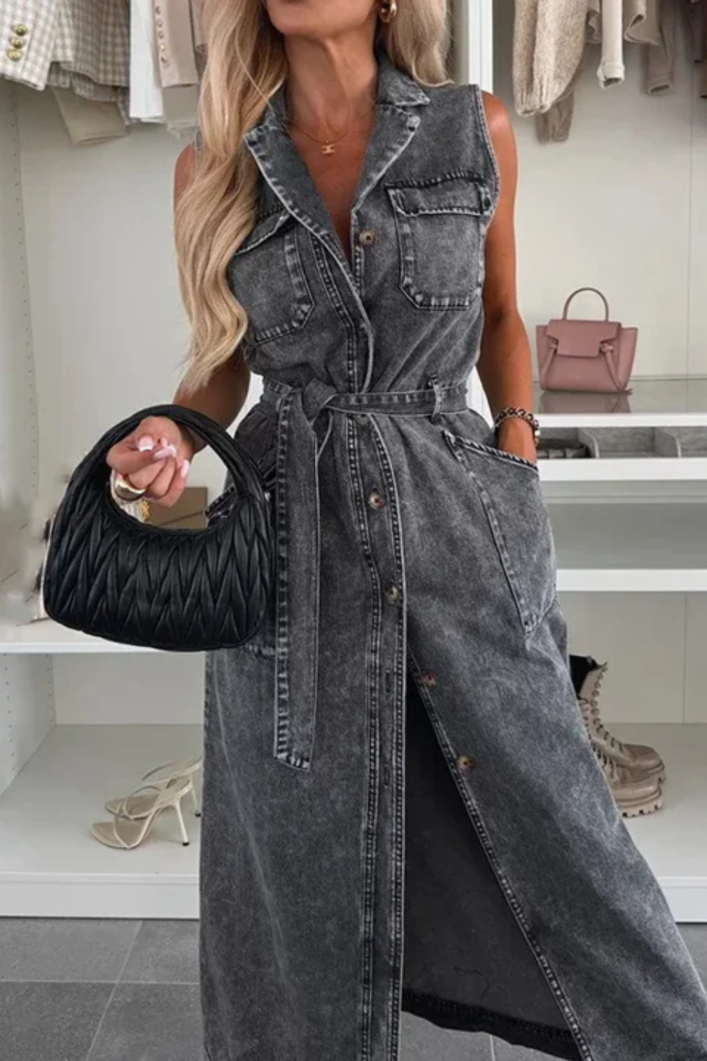 Lottie – Vestido Maxi de Denim sin Mangas con Cinturón y Abertura