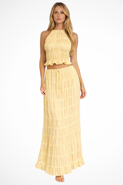 Cora – Conjunto de 2 Piezas: Top Halter Fruncido y Falda Maxi