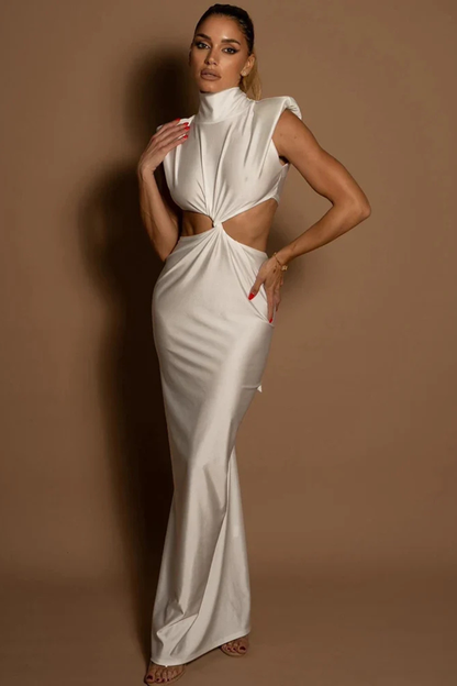 Solenne – Vestido Maxi Bodycon con Cuello Alto y Detalle Retorcido