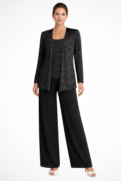 Miriam – Conjunto de Tres Piezas con Chaqueta de Lentejuelas y Pantalón Ancho