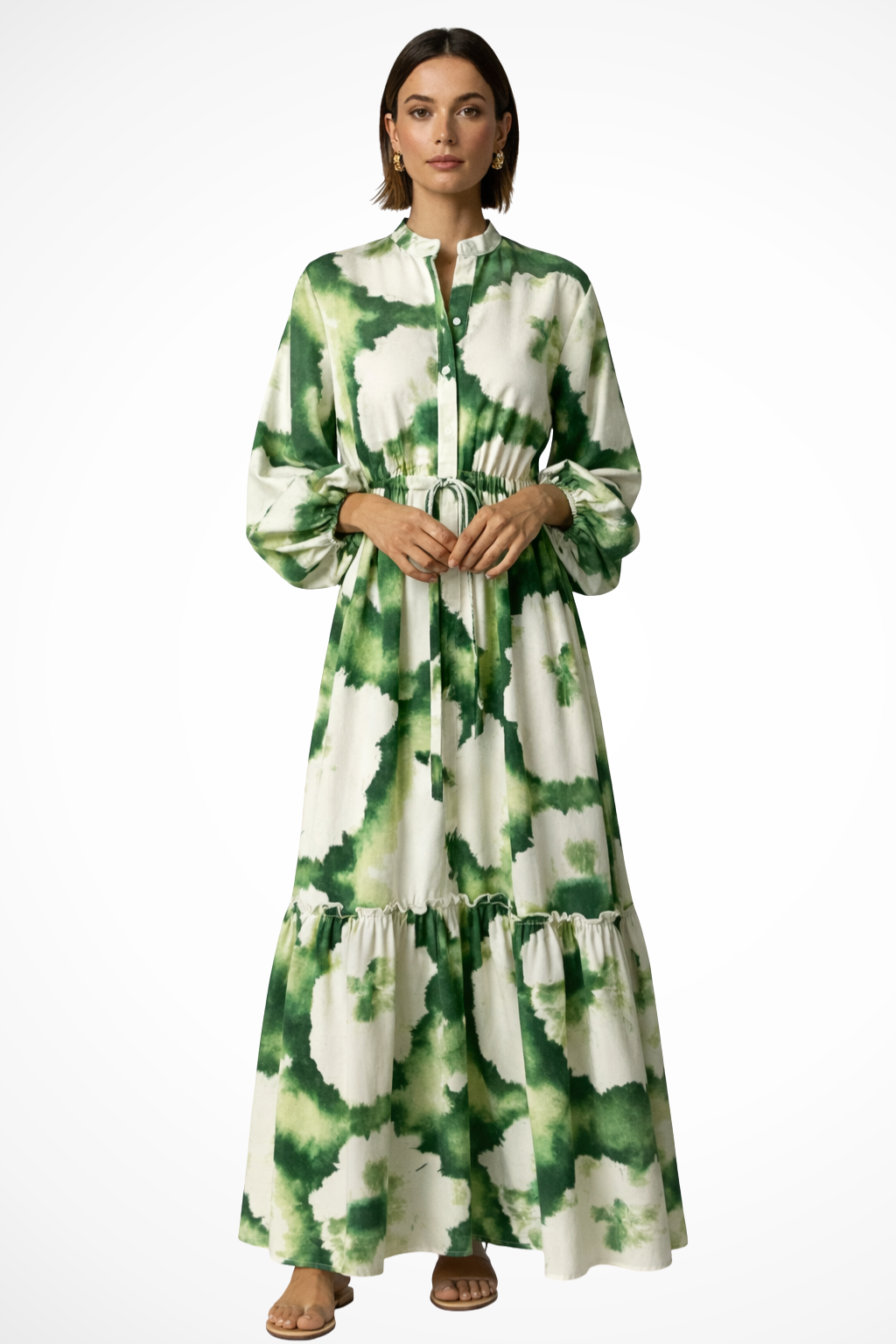 Thea – Vestido Maxi Estampado en Capas con Manga Larga