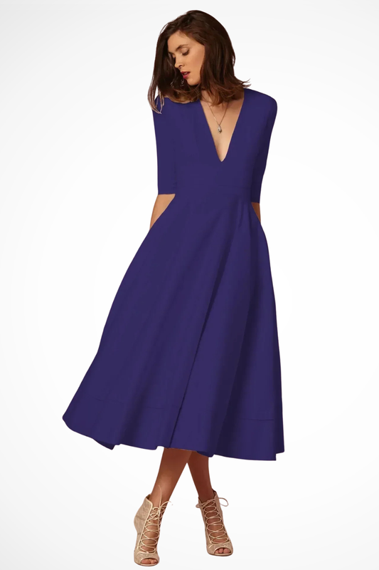 Roselle – Vestido Midi Acampanado con Escote en V Profundo