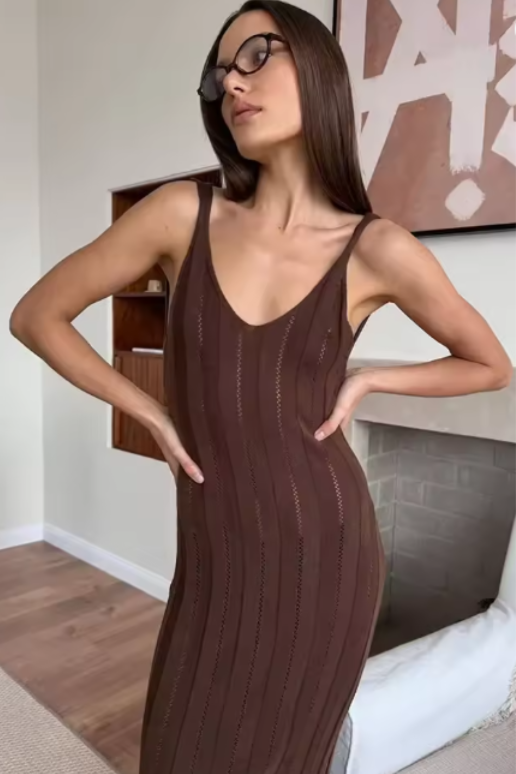 Serena – Vestido Maxi de Punto Negro con Escote en V Profundo