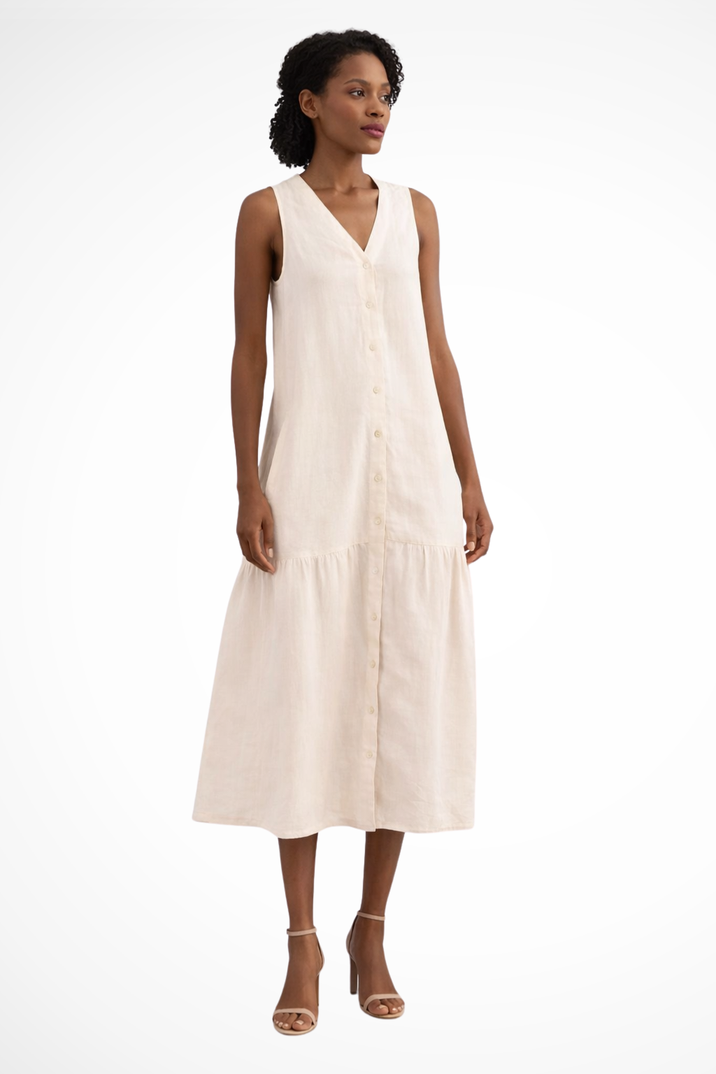 Willa – Vestido Maxi de Lino sin Mangas con Botones y Escote en V