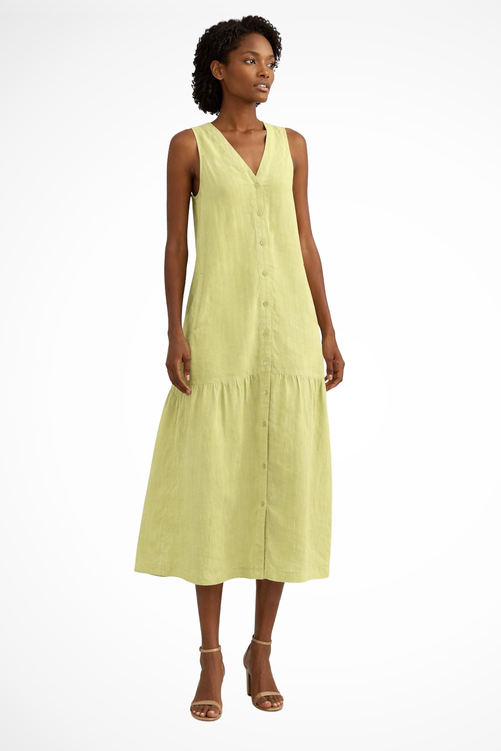 Willa – Vestido Maxi de Lino sin Mangas con Botones y Escote en V