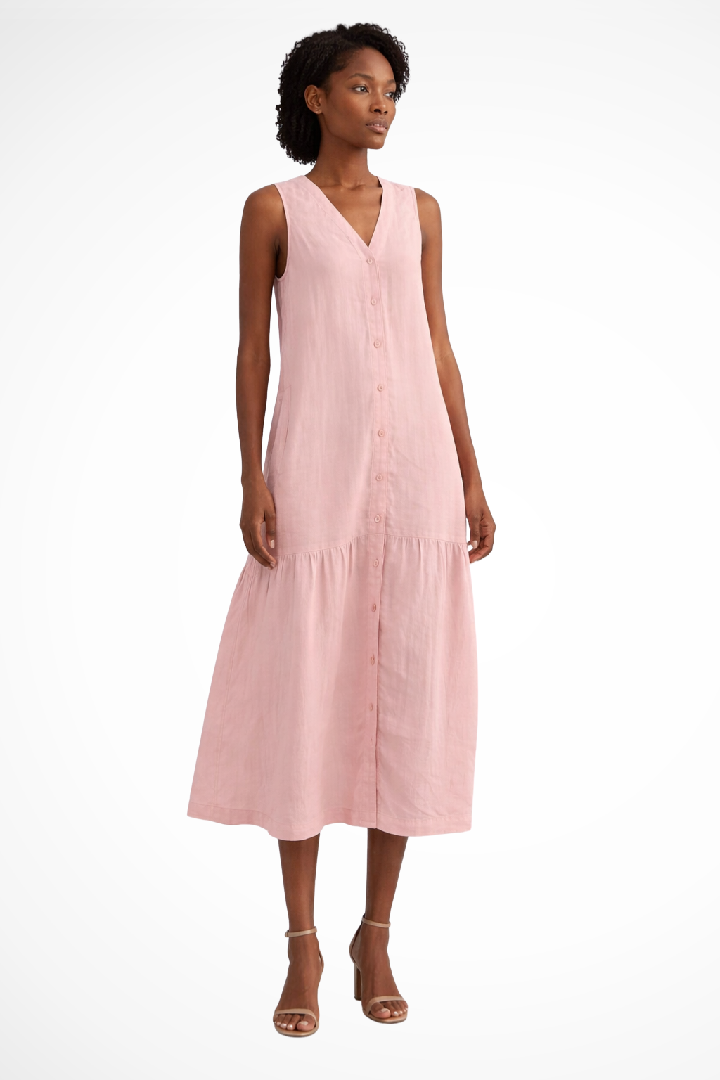 Willa – Vestido Maxi de Lino sin Mangas con Botones y Escote en V