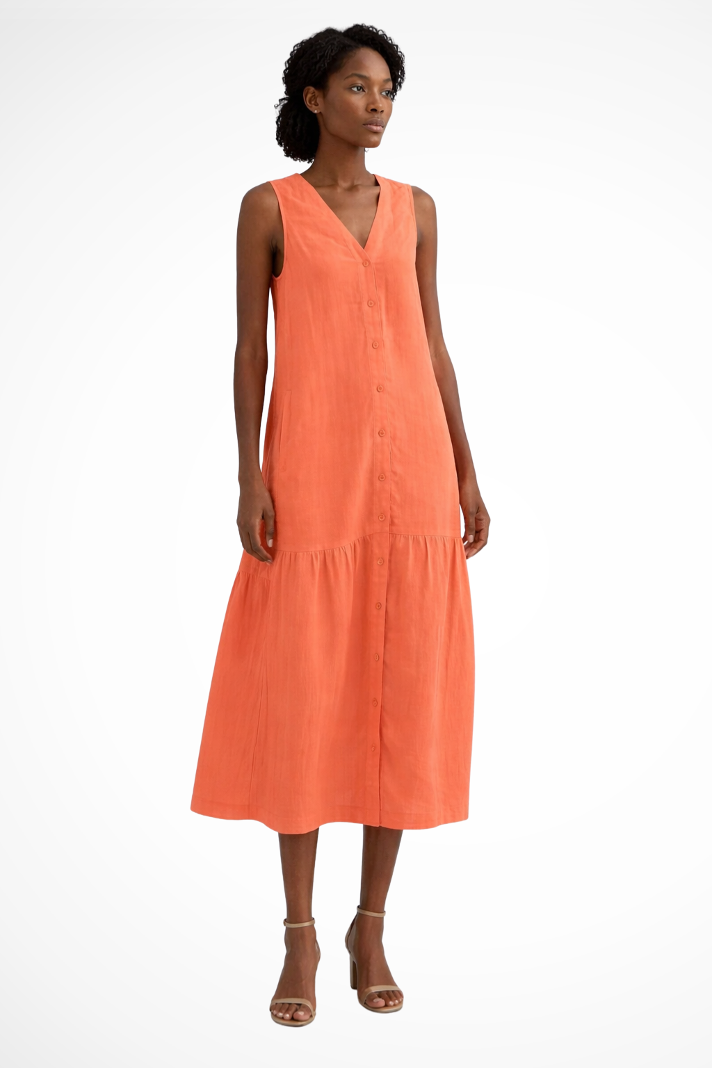 Willa – Vestido Maxi de Lino sin Mangas con Botones y Escote en V