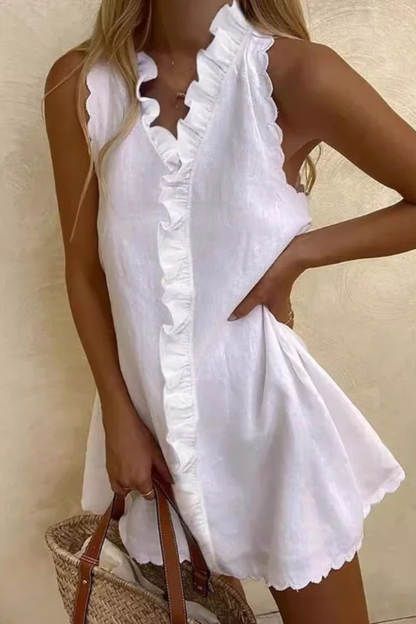Isolde – Vestido Mini sin Mangas con Escote en V y Ribete de Volantes