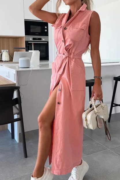 Lottie – Vestido Maxi de Denim sin Mangas con Cinturón y Abertura