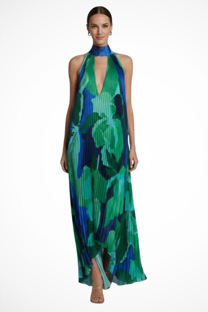 Cordelia – Vestido Maxi Halter Plisado Estampado para Boda
