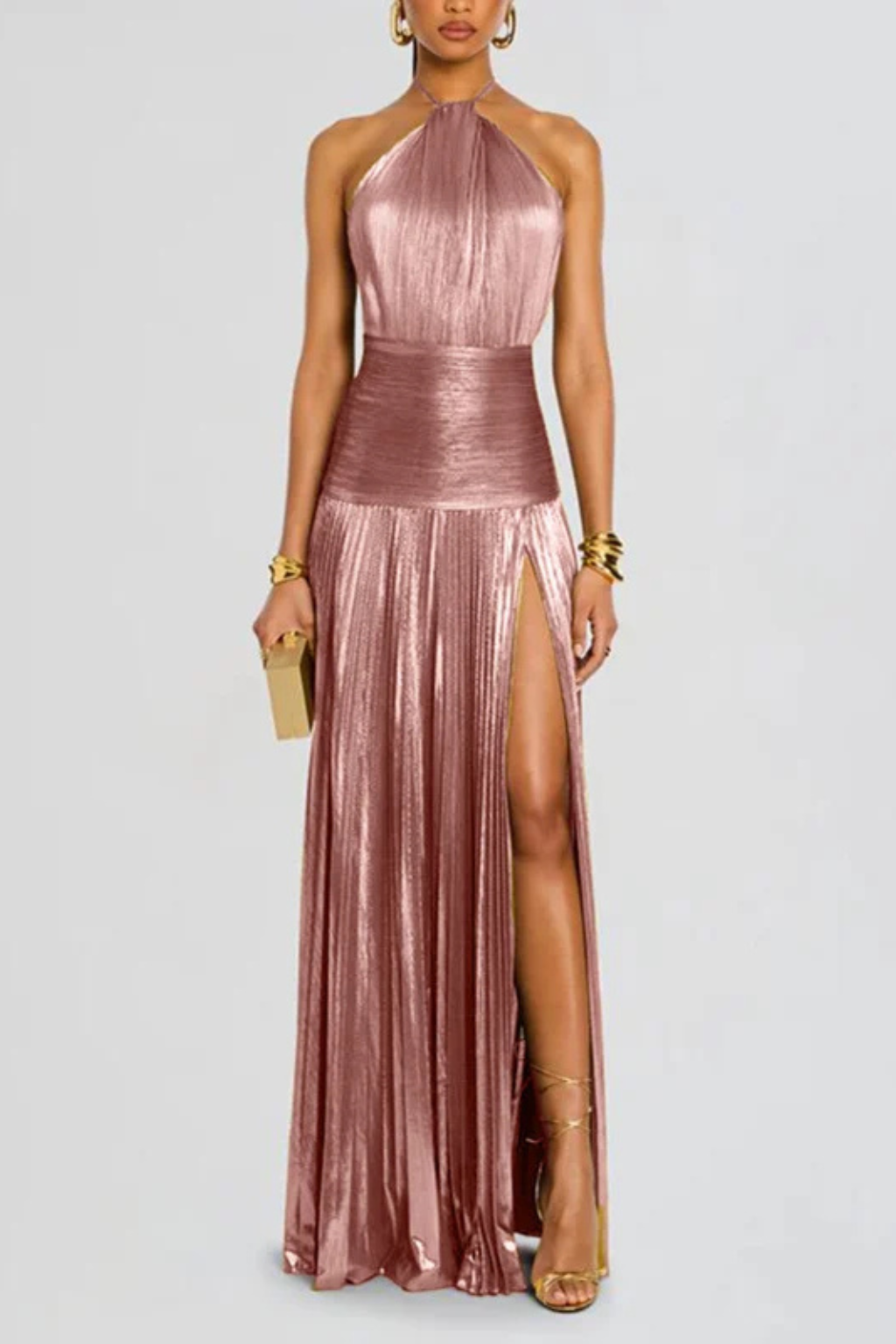 Saffron – Vestido Maxi Halter de Satén Plisado para Boda