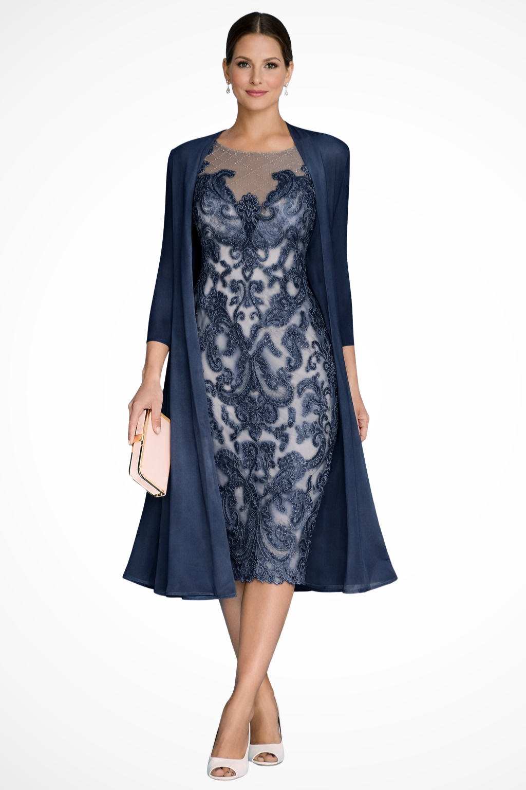 Dorothea – Vestido Midi Bordado con Chaqueta de Chiffon para Boda