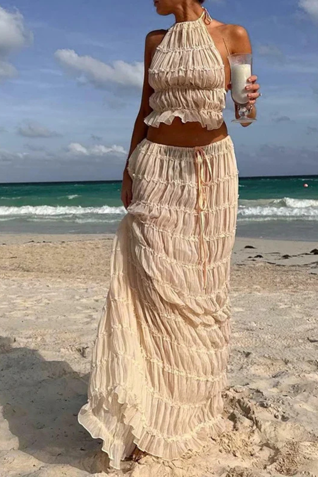 Cora – Conjunto de 2 Piezas: Top Halter Fruncido y Falda Maxi