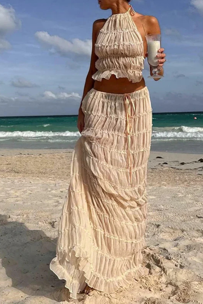 Cora – Conjunto de 2 Piezas: Top Halter Fruncido y Falda Maxi