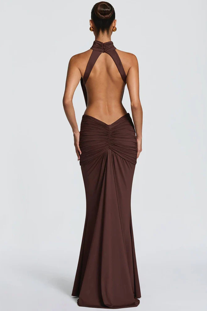 Theodora – Vestido Maxi Bodycon Halter con Fruncido y Espalda Abierta