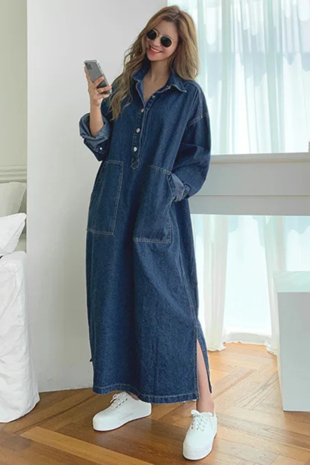 Margot – Vestido Maxi de Denim Oversize con Cuello y Bolsillos
