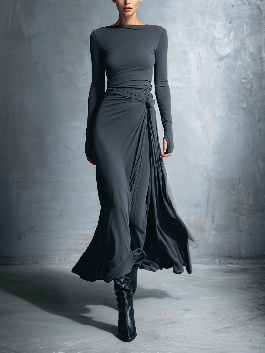 Vestido Largo Elegante Naiara  Vestido maxi con nudo lateral – Gris | Horizoncor