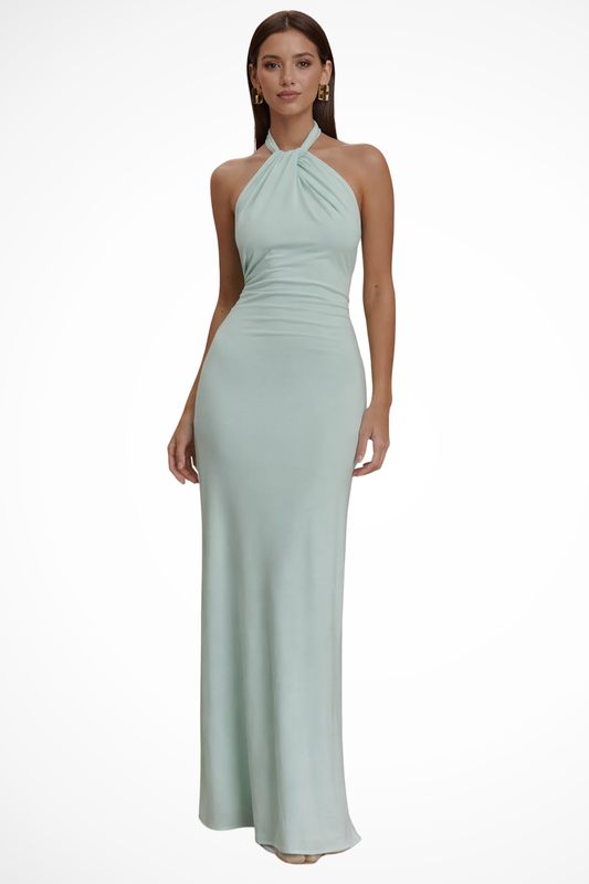 Celeste – Vestido Maxi Bodycon Halter con Nudo Retorcido y Espalda Abierta