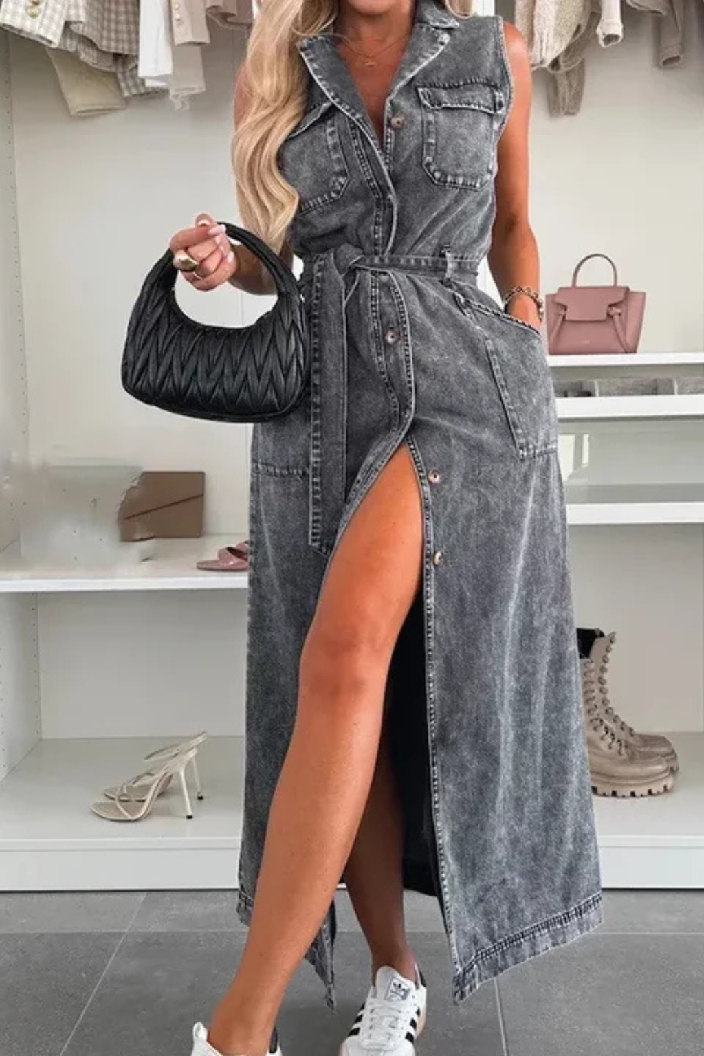 Lottie – Vestido Maxi de Denim sin Mangas con Cinturón y Abertura