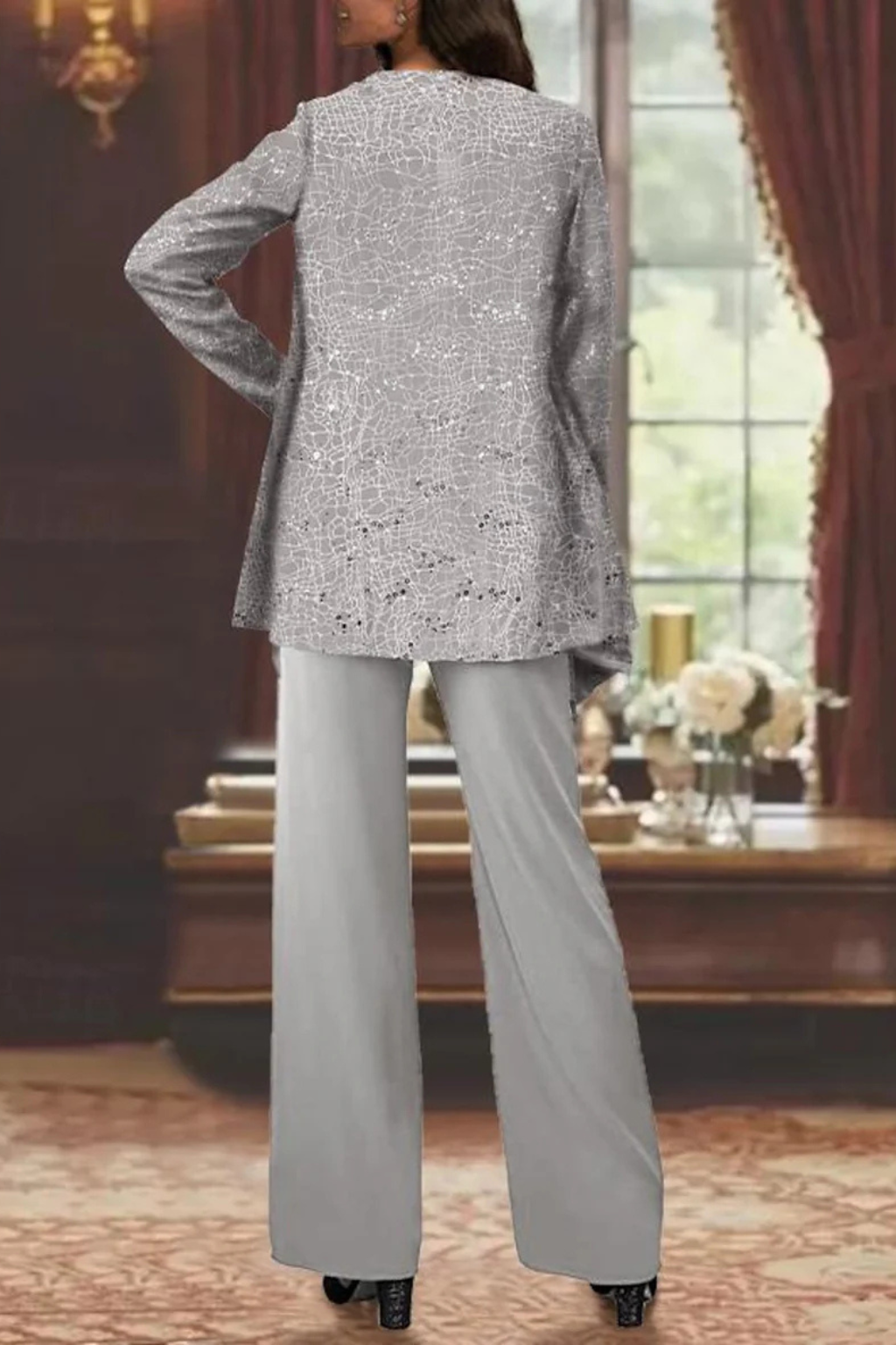 Miriam – Conjunto de Tres Piezas con Chaqueta de Lentejuelas y Pantalón Ancho