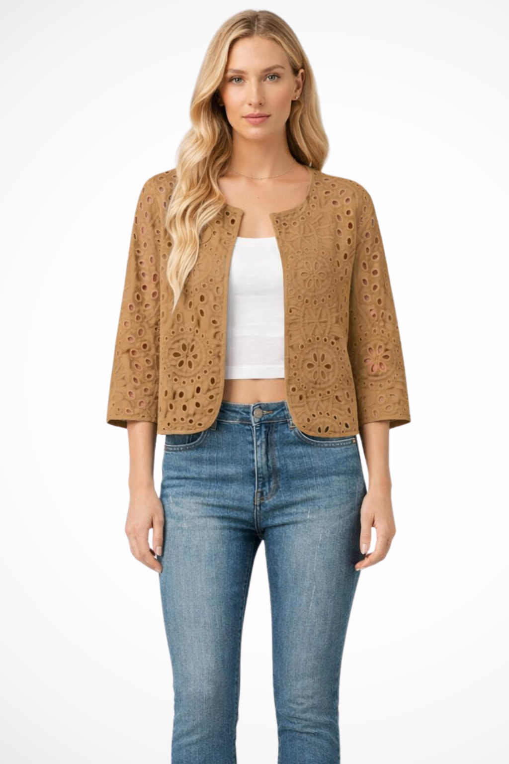 Imogen – Cárdigan Cropped de Crochet con Detalle Bordado