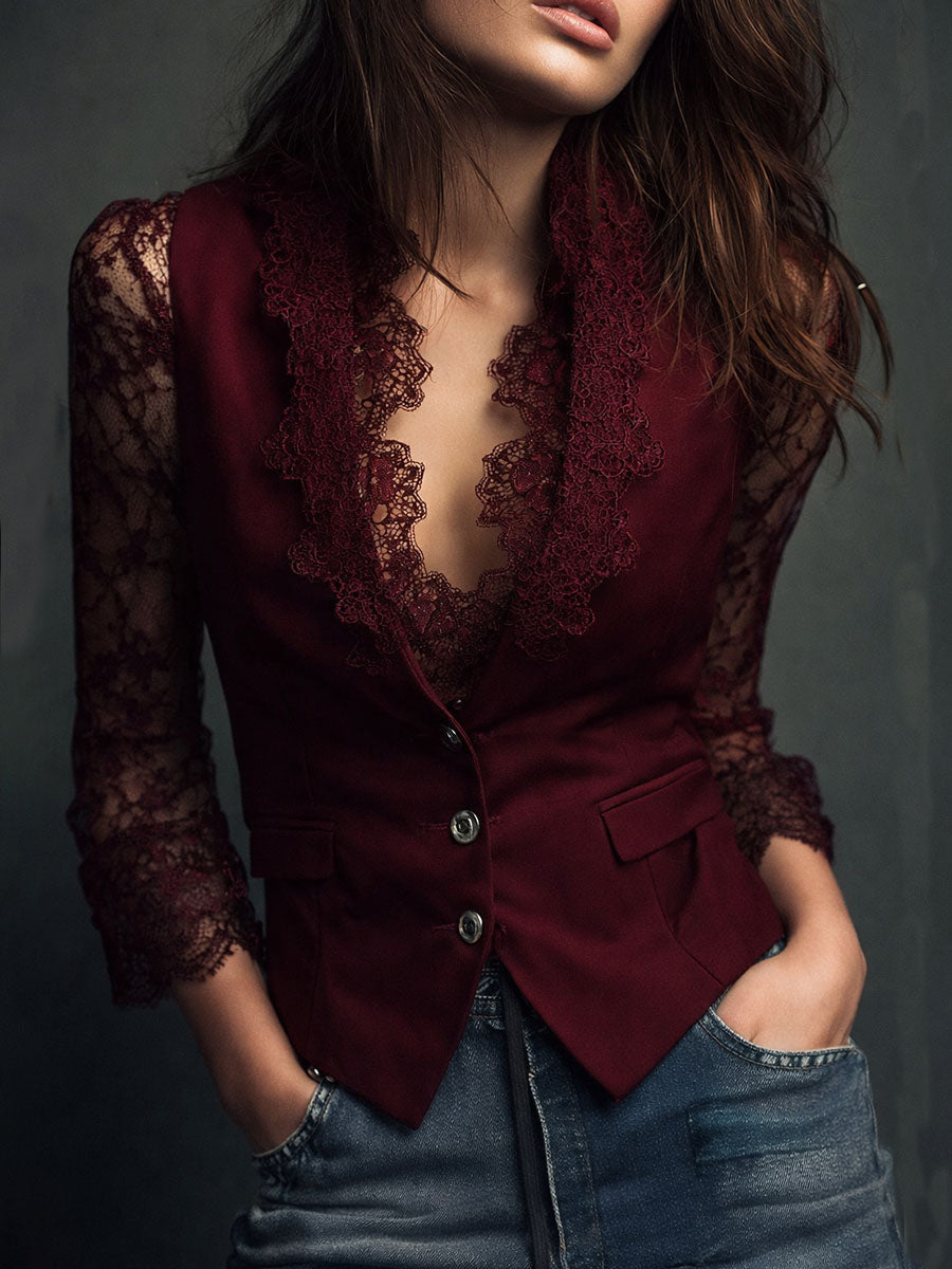 Detalle blazer mujer Claudia  Blazer de Mujer Negro con Encaje – vista frontal | Horizoncor