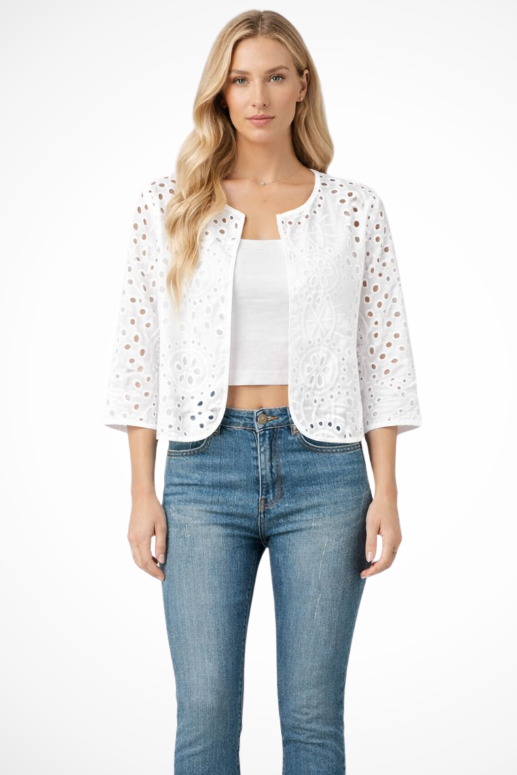 Imogen – Cárdigan Cropped de Crochet con Detalle Bordado