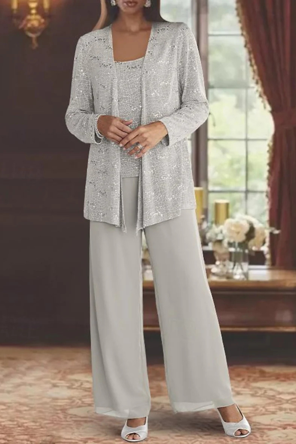 Miriam – Conjunto de Tres Piezas con Chaqueta de Lentejuelas y Pantalón Ancho