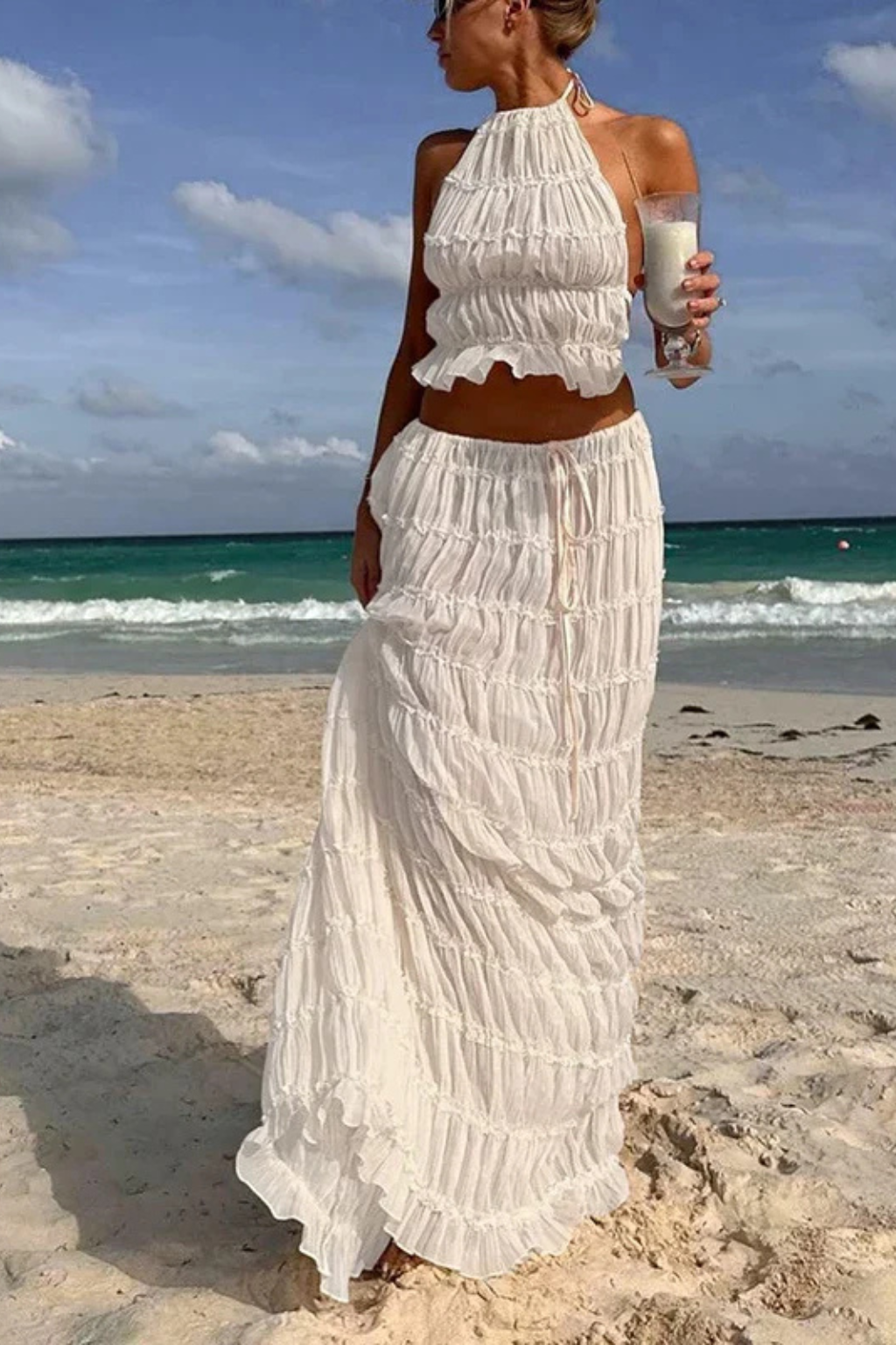 Cora – Conjunto de 2 Piezas: Top Halter Fruncido y Falda Maxi