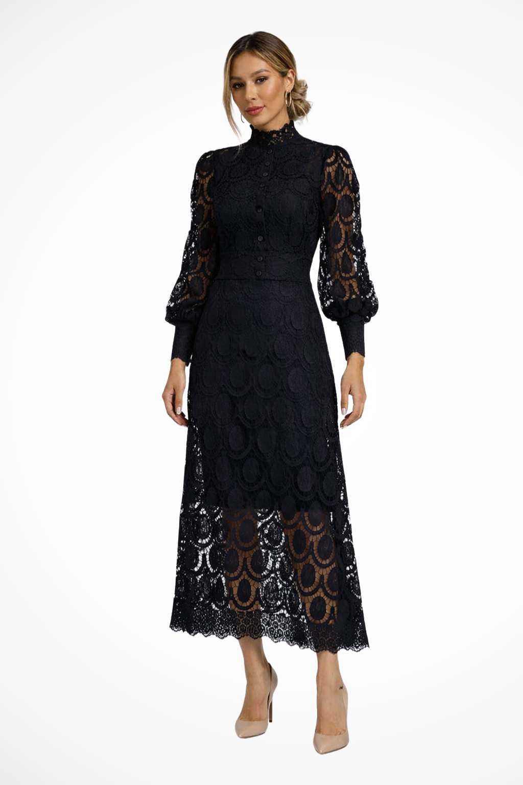 Mathilde – Vestido Midi de Encaje con Cuello Alto y Manga Larga para Boda