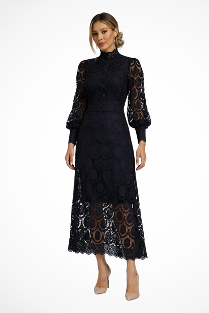 Mathilde – Vestido Midi de Encaje con Cuello Alto y Manga Larga para Boda