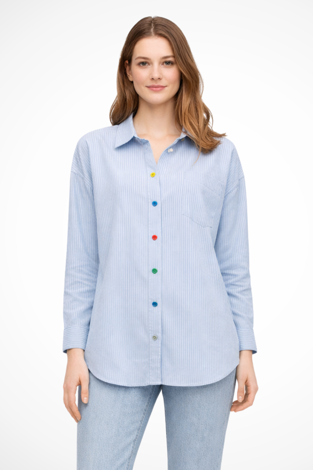 Elodie – Camisa Denim Oversize de Rayas con Botones