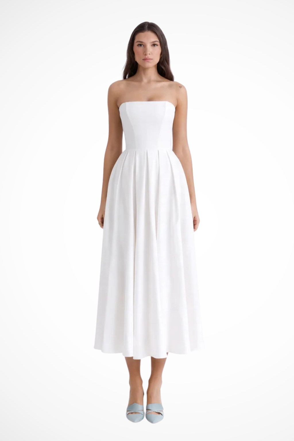 Everly – Vestido Midi sin Tirantes con Corsé y Falda Acampanada