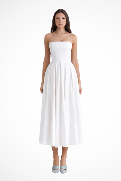 Everly – Vestido Midi sin Tirantes con Corsé y Falda Acampanada