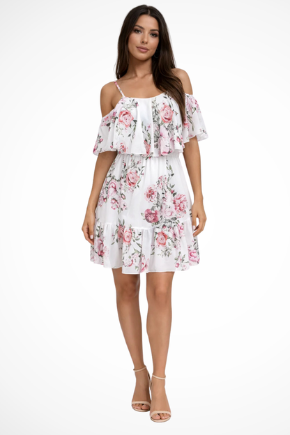Lila – Vestido Mini Boho Floral de Chiffon con Hombros Descubiertos