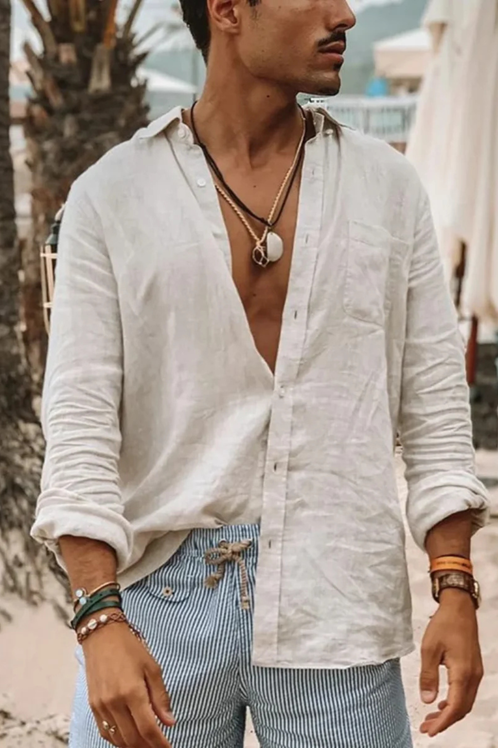 Roman – Camisa de Lino de Manga Larga Holgada para Hombre
