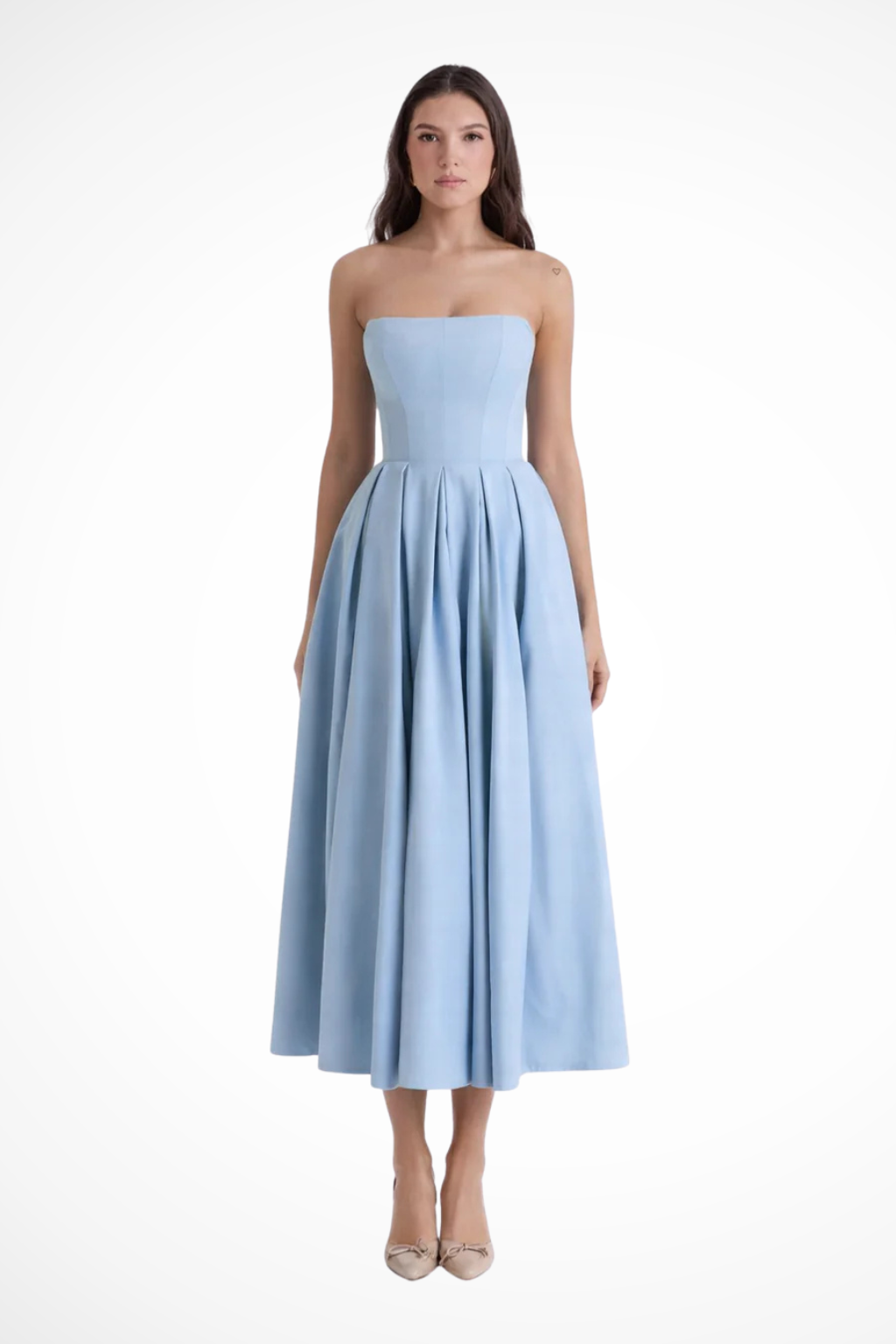 Everly – Vestido Midi sin Tirantes con Corsé y Falda Acampanada